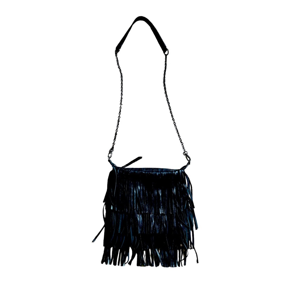 Madden Girl Black Faux Leather Fringe Crossbody w/ Removable Chain